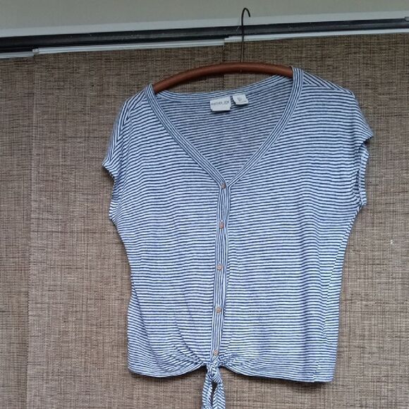 Rachel Zoe White and Blue Cap Sleeve Tie Front Blouse 100% Linen - Picture 1 of 4